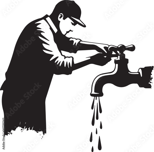 A man adjusting a tap with water flowing, set against a clean ba