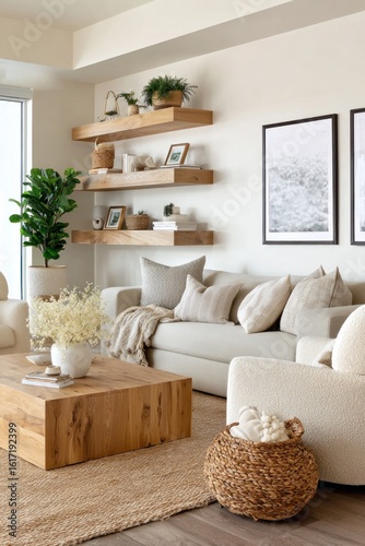 Cozy Living Room With Wooden Coffee Table, Plush Sofa, And Textured Rugs Creating A Relaxing Atmosphere