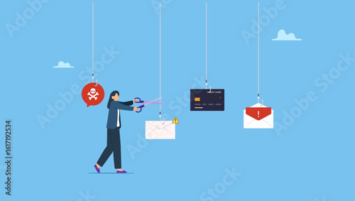 Businesswoman uses scissors cut off various fishing hooks. Fight against scam, internet phishing or spam email concept, smart user does not become victim of scammers and thieves, bait, deceit.