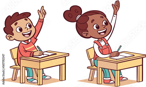 Cheerful African-American schoolgirl and boy raising hand in classroom, cartoon vector style
