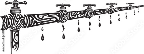 Ornate pipe system with dripping taps, showcasing water wastage