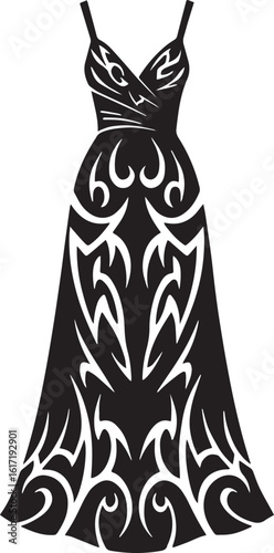 Stylized maxi dress illustration with tribal pattern in elegant