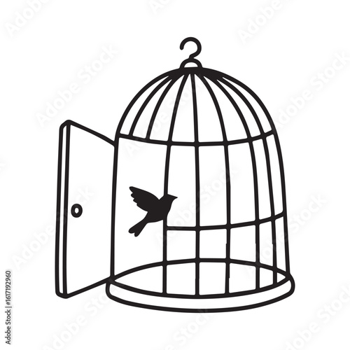 A black line art sketch of an open birdcage with its door ajar, positioned on the left Silhouette vector design.