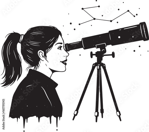 Young woman observes constellations with a telescope against a s