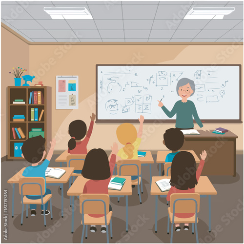 Senior female instructor teaching a class of enthusiastic young students raising their hands to participate in the lesson.