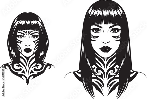 Monochrome graphic portraits of women with bold tribal-inspired