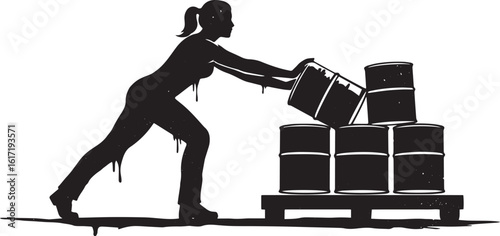 Silhouette of a woman moving industrial barrels atop wooden plat
