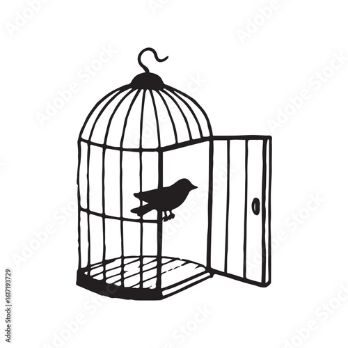 A black line art sketch of an open birdcage with its door ajar, positioned on the left Silhouette vector design.