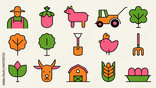 Comprehensive collection of agricultural and farming themed line art symbols representing various aspects of cultivation and rural life for modern design applications