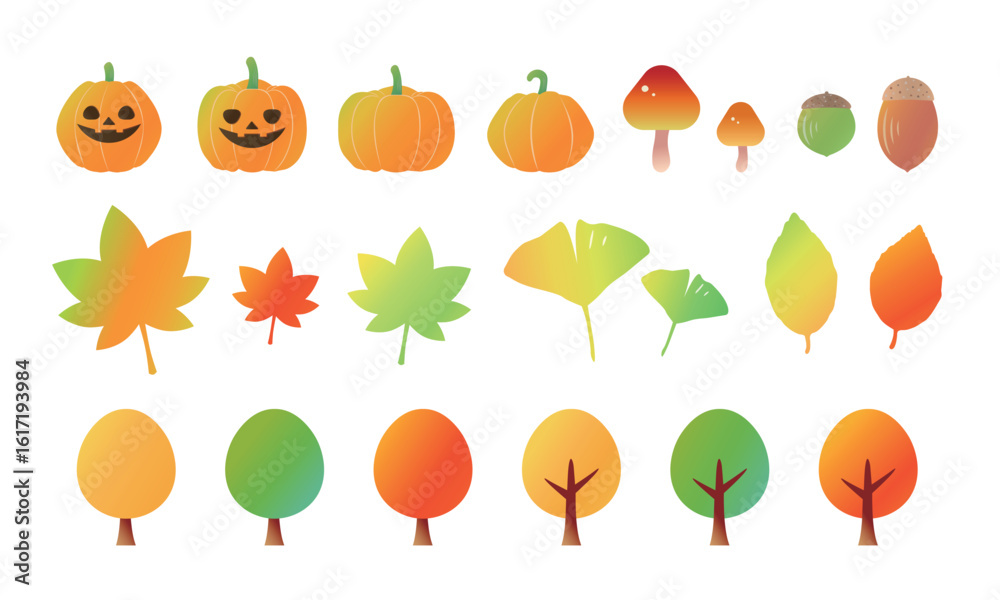 Set of cute autumn icons. Autumn elements clip art. Pumpkins, leaves, trees. Set of cute autumn icons. Autumn elements clip art. Pumpkins, leaves, trees.