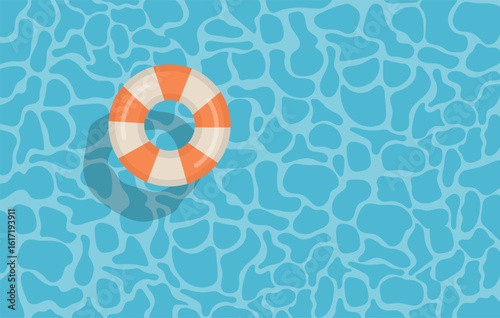 Empty swimming pool with swim ring and water ripple surface with sunlight reflections 
