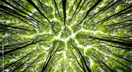Green canopy of trees from a worms eye view