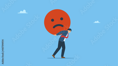 Businessman carrying bad emoticon on his back with fatigue. Working under high pressure concept, best quality requirement, stress at work, exhausted from overworked.