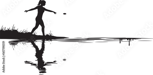 Silhouette woman throwing frisbee by the water with reflection f