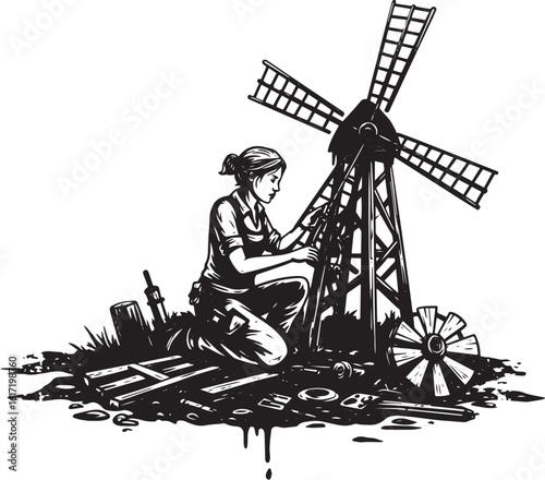 Skilled woman restoring an antique windmill, detailed black and