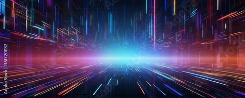Futuristic digital tunnel with glowing neon light streaks and dynamic speed creating immersive technology depth in dark environment