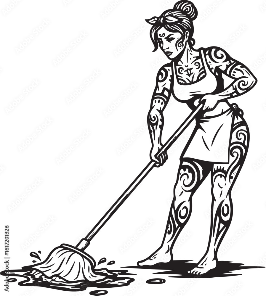 Fototapeta premium Tattooed woman cleaning with a mop, artwork illustrating domesti
