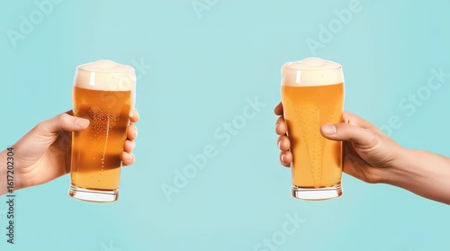 Cold beer glass in hand with foam, two hands clinking drink glasses for celebration and joyful toast, cold foam spilling over beer glass toast