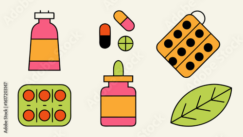 Collection of stylized medication and drug dosage icons representing treatment and healthcare solutions presented in a clean modern graphic style