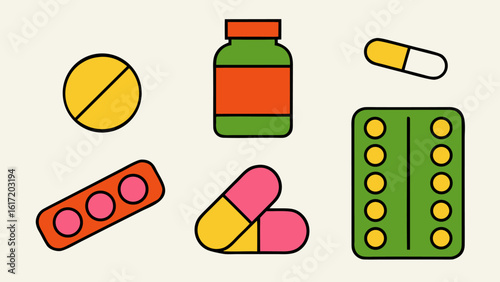 Collection of flat medication and drug icons representing dosage and treatment for healthcare and pharmacy applications
