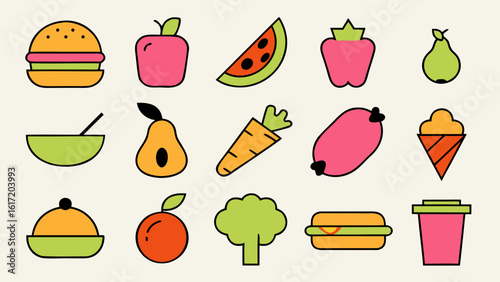 Collection of stylized linear graphics representing various food and beverage items presented in a cohesive and modern visual style for diverse applications