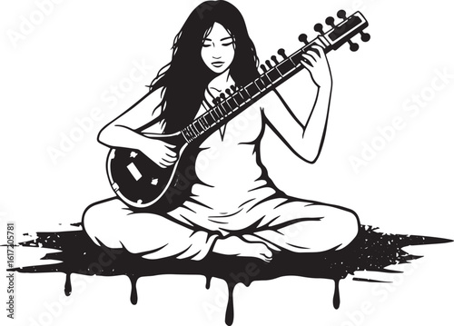 Elegant woman playing traditional stringed instrument in a monoc