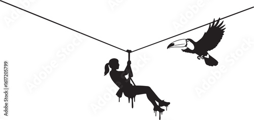 Silhouette of a ziplining woman alongside a toucan in black and