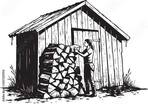 Woman stacking firewood near a rustic wood shed in a rural setti