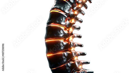 Human Spine Pain Concept: 3D Render of Vertebrae with Glowing Discs, Illustrating Back Injury, Inflammation, or Nerve Issues.