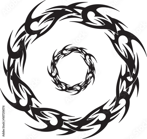 Dual vortex of symmetrical tribal designs in contrasting black a
