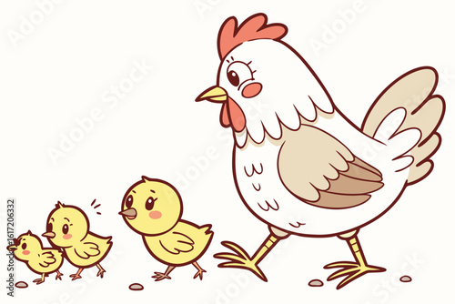 Cute cartoon hen and chicks walking together.