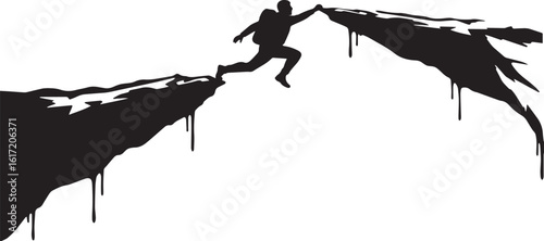 Silhouette of a man bridging a chasm representing challenge and