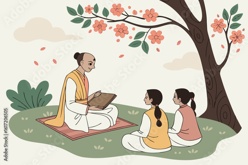 Guru Teaching Students Under Cherry Blossom Tree.