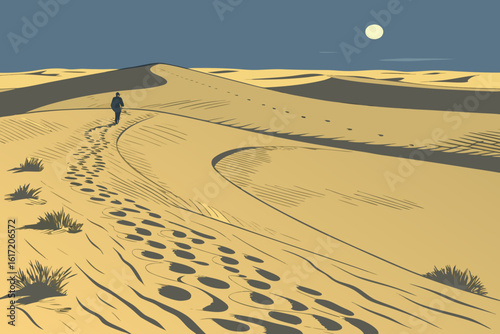 Lone figure walks across vast desert dunes under a pale moon.