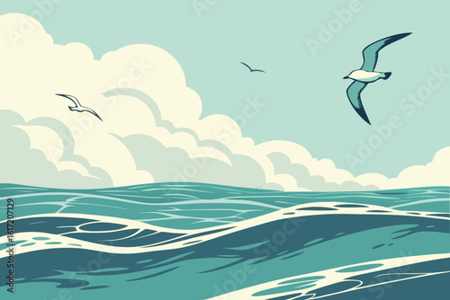 Stylized Seagulls Flying Over Wavy Ocean.