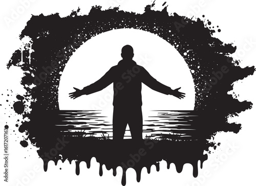 Silhouette of a man with open arms against a sun like black ink