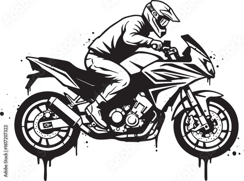 Dynamic monochrome illustration of a motorcyclist riding a sport