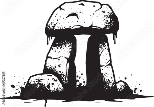 Monochrome megalithic stone icon with dripping paint effect desi