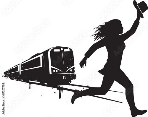 Silhouette of Woman Running to Catch a Departing Train Holding H
