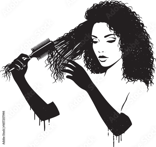 Elegant woman styling curly hair in a bold monochrome illustrati
