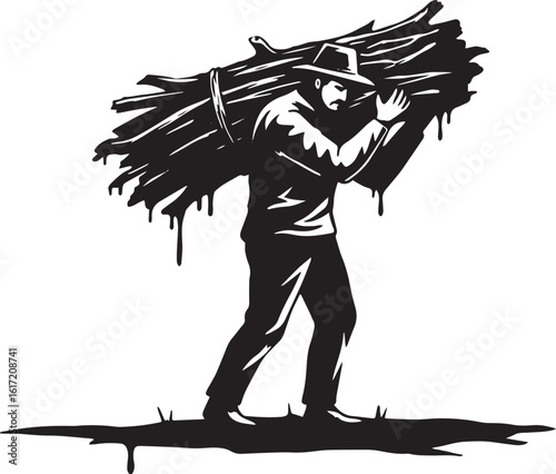 Monochrome silhouette of a man burdened with a bundle of wood il