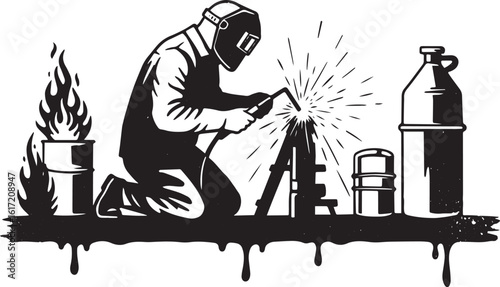 Illustrative welder silhouette with sparks and industrial compon