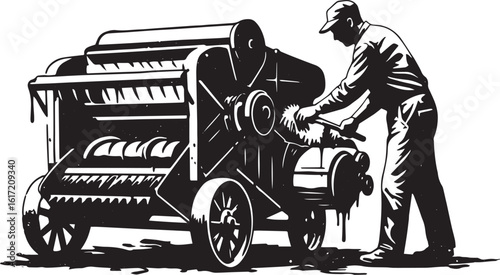 Monochrome depiction of farmer operating vintage threshing machi