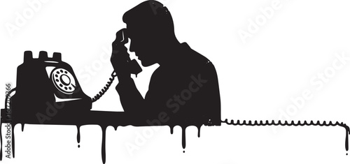 Silhouette of a man answering an old rotary phone in a monochrom
