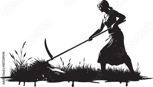 Monochrome illustration of a woman working in the field with a s