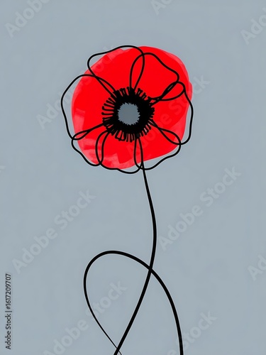 Abstract Red Poppy Flower with Black Outline on Grey Background Art