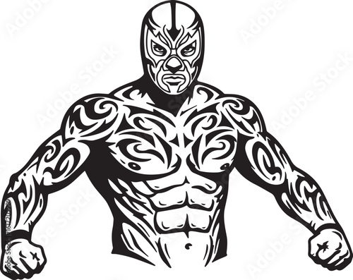 Intense luchador illustration striking a pose with intricate tri