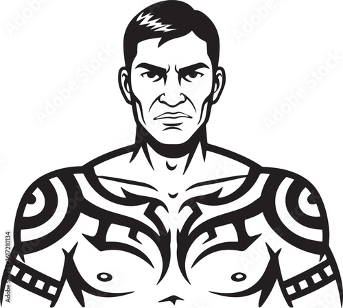 Vector Illustration of a Tribal Tattooed Man with Intense Expres
