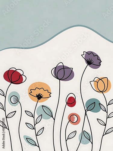Abstract Floral Art with Colorful Circles and a Light Blue Sky