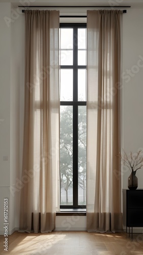 Sheer linen curtains hanging in front of a black framed window with a tree outside